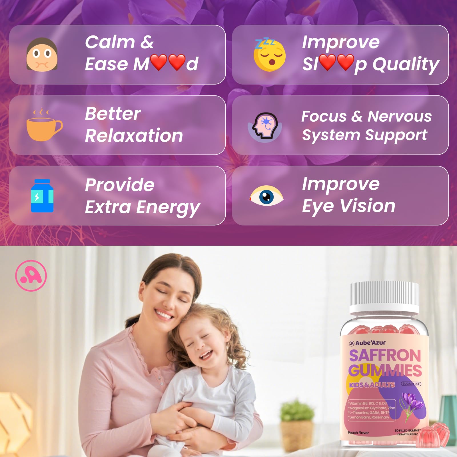 Saffron Gummies for Kids Adults 88.5mg, 15-in-1 Saffron Supplements for Kids, with B6, B12, C, D3, Magnesium Glycinate, Zinc for Nerve, Rest, Focus, Sugar Free, Vegan, Non- GMO, Peach Flavor, 60 Count Aube'AzurBuy Supplements Australia