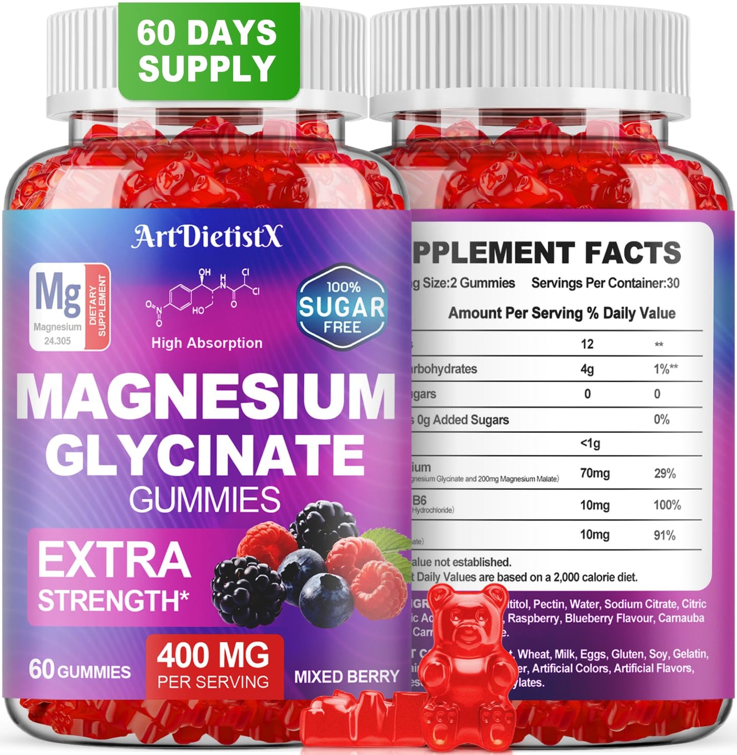 Magnesium Glycinate Gummies 400mg, Sugar Free Mаgnеsium Gummiеs for Adults with Magnesium Malate, Zinc, and Vitamin B6 for Sleep, Body Support and Relaxation, Non GMO, 60 Count-Multi-Flavor ArtDietistXBuy Supplements Australia