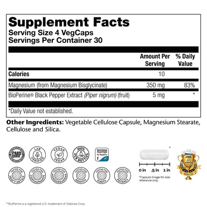 SOLARAY Magnesium Glycinate Capsules, Chelated Magnesium Bisglycinate w/BioPerine, Higher Absorption Magnesium Supplement - Bones, Muscles,