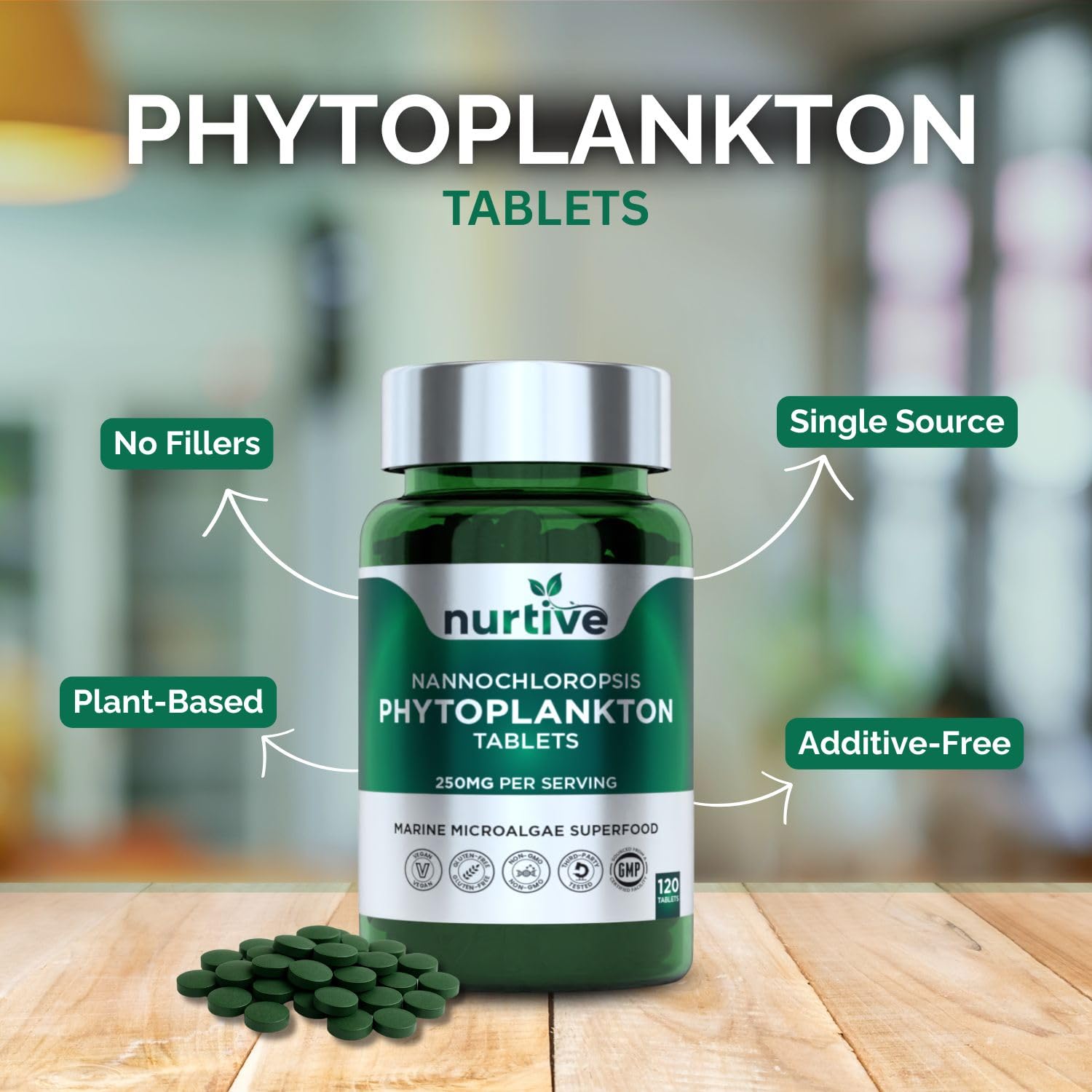 NURTIVE Nannochloropsis Phytoplankton Tablets – 250mg per Serving – Vegan, Gluten-Free, Non-GMO, No Fillers – Third-Party Tested, GMP Certified – 2 Tablets/Day for 2 Month, 120 Tablets/Bottle NURTIVEBuy Supplements Australia