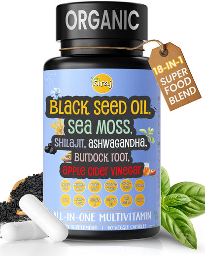Siraj 18-in-1 Superfood Multivitamin - Irish Sea Moss, Black Seed Oil, Shilajit, Ashwagandha, 5% Thymoquinone, Burdock Root, Nootropic Supplement for Immunity, Focus, Energy and Mood - 60 Capsules SirajBuy Supplements Australia
