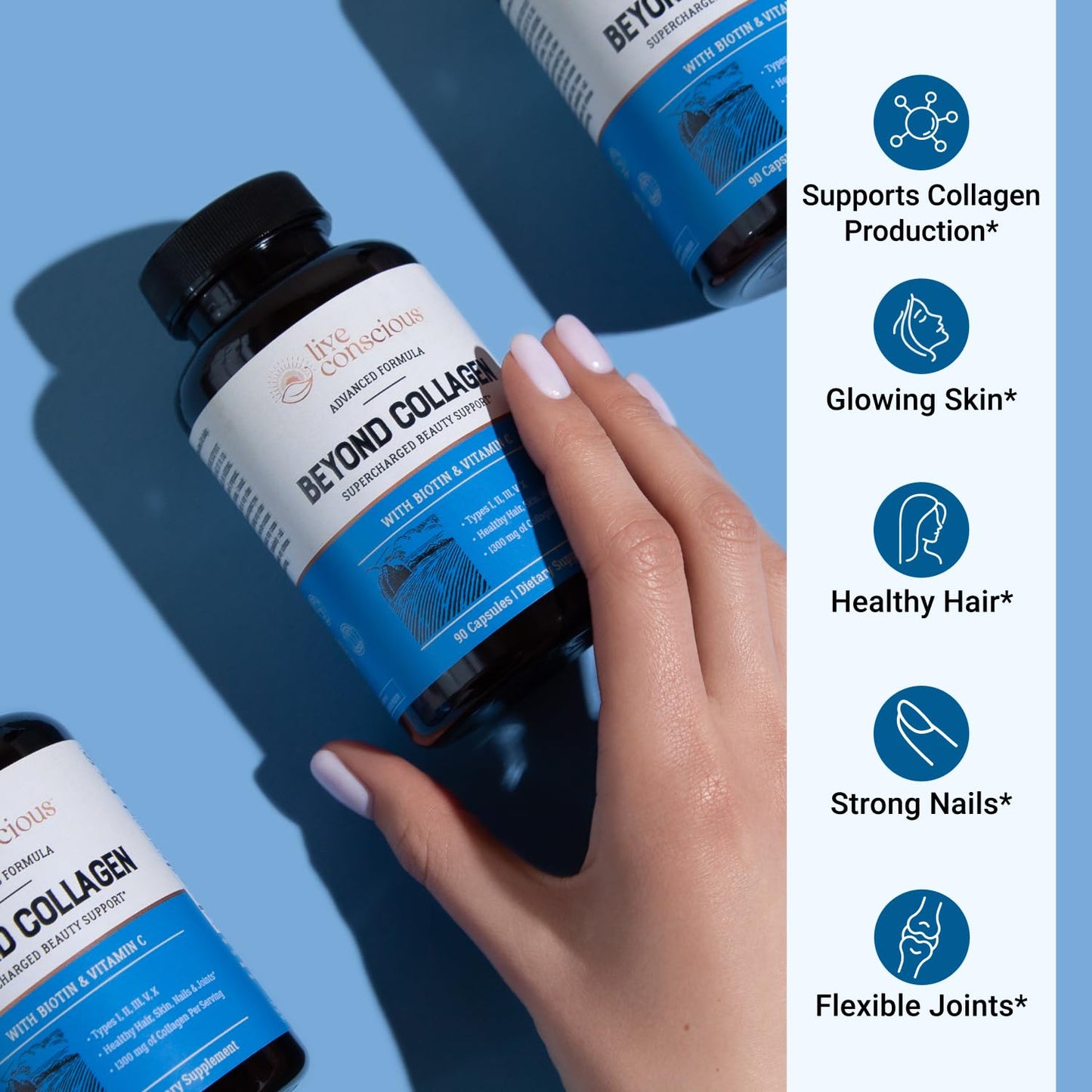 Live Conscious Beyond Collagen Multi Collagen Capsules - Types I, II, III, V & X - Hydrolyzed Blend with Biotin & Vitamin C