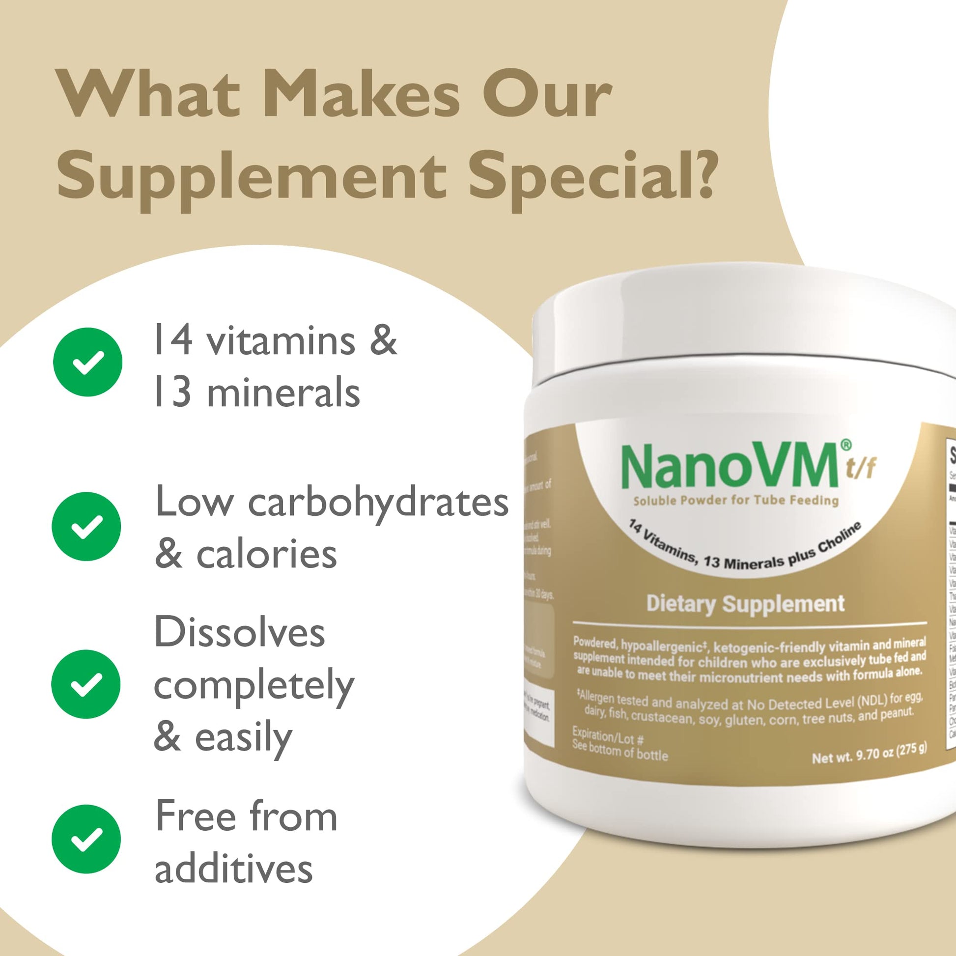 NanoVM t/f, Dietary Supplement for Tube Feeding, Allergen-Free Kids Multivitamin, Unflavored Vitamin Powder with 14 Vitamins & 13 Minerals, Low-Carb Kids Vitamins, 275g - Solace Nutrition NanoVMBuy Supplements Australia
