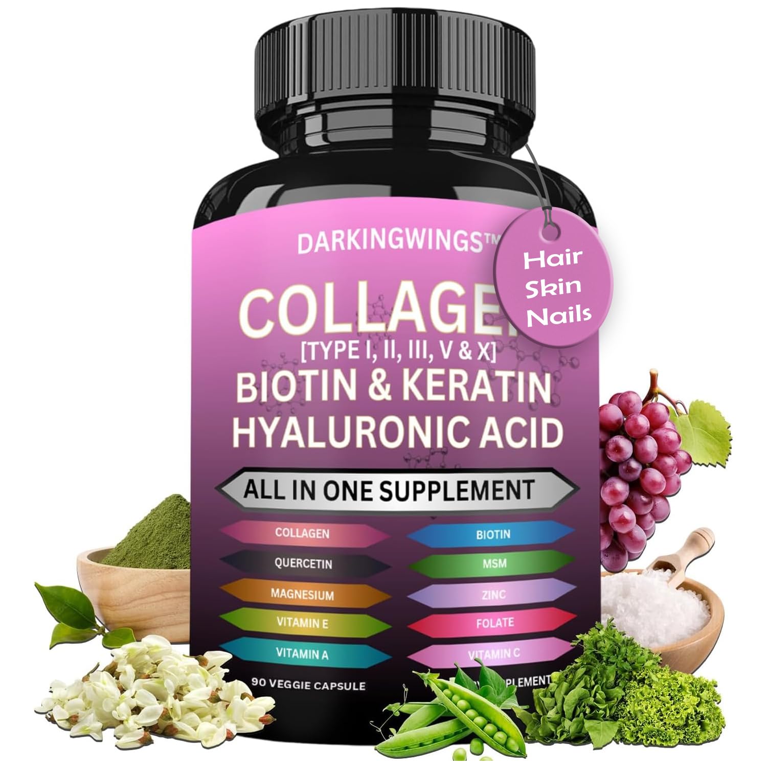 Multi Collagen Pills Peptides Types I, II, III, V & X MCG Biotin Keratin Hyaluronic Acid MSM Vitamin C Zinc Magnesium with Grape Seed Extract, Quercetin - Hair Skin and Nails Vitamins Capsule DarkingwingsBuy Supplements Australia