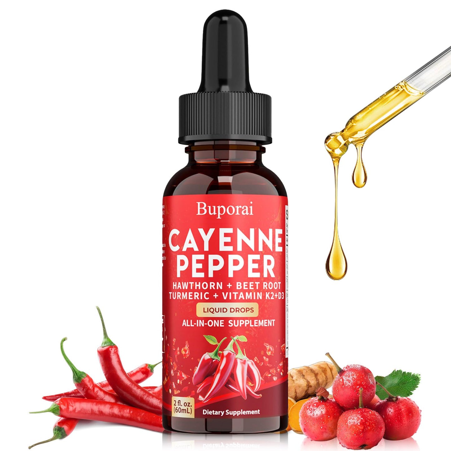Buporai Cayenne Pepper Drops, Cayenne Pepper Extract Liquid Supplement for Overall Well-Being, 2 fl oz, Vitamin D3 K2 Beet Root Powder BuporaiBuy Supplements Australia
