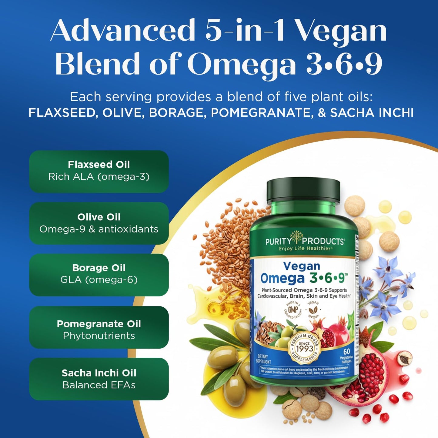 Purity Products Omega 3-6-9 Vegan and Vegetarian Formula - “5 in 1” Essential Fatty Acid Complex - Scientifically Formulated Plant-Based Omega 3 6 9