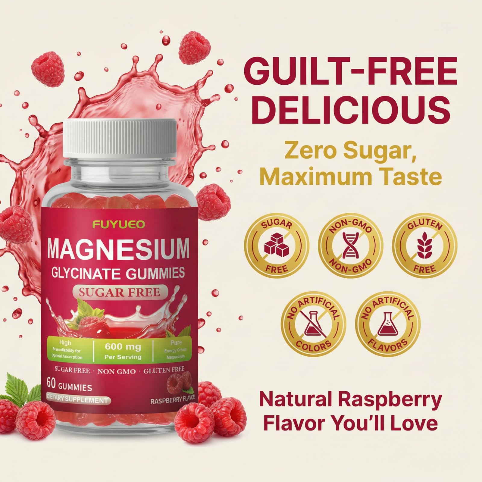 FUYUEO Magnesium Glycinate Gummies for Sleep & Relaxation, Sugar Free High Absorption Magnesium Supplement for Men & Women, Gentle on Stomach, Chewable, Raspberry, 60 Count (Pack of 1) FUYUEOBuy Supplements Australia