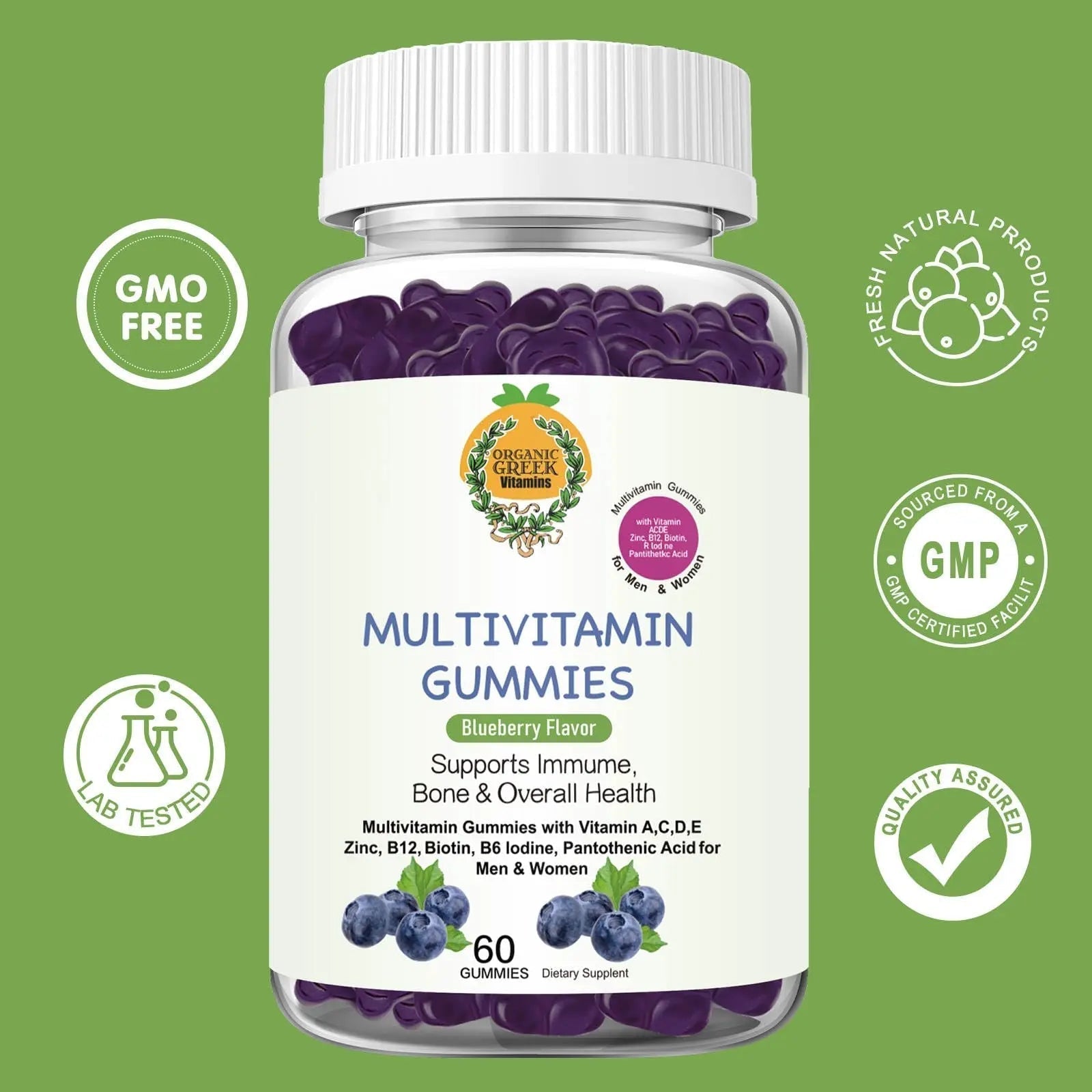 Organic Greek® Multivitamin Gummies with Vitamin A, C, D, E, Zinc, B12, Biotin, B6, Iodine, Pantothenic Acid for Men & Women Organic GreekBuy Supplements Australia