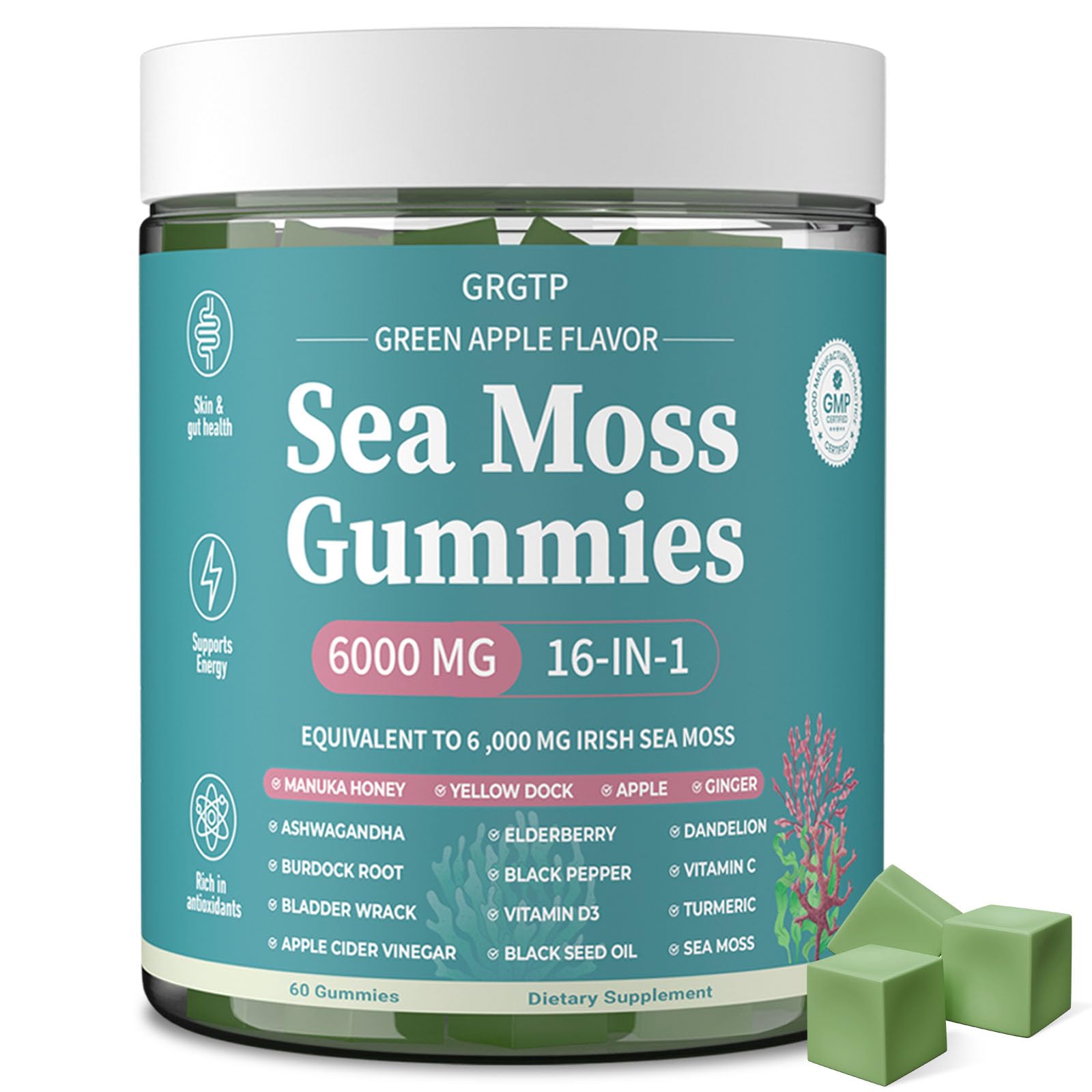 Sea Moss Gummies 16-in-1 - Ashwagandha Black Seed Oil Bladder Wrack Turmeric Vitamin C & D3 with Manuka Burdock Root Dandelion Yellow Dock Natural Detox & Liver Health Immune Support, Energy Boost GRGTPBuy Supplements Australia