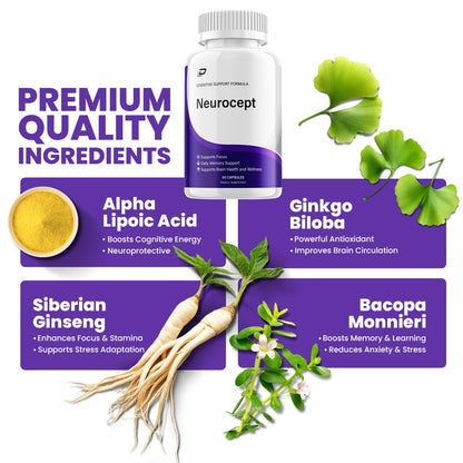 Neurocept Supplement Capsules – All Natural Maximum Strength Formula, Focus & Memory Support (2 Pack – 120 Capsules) IndeloBuy Supplements Australia