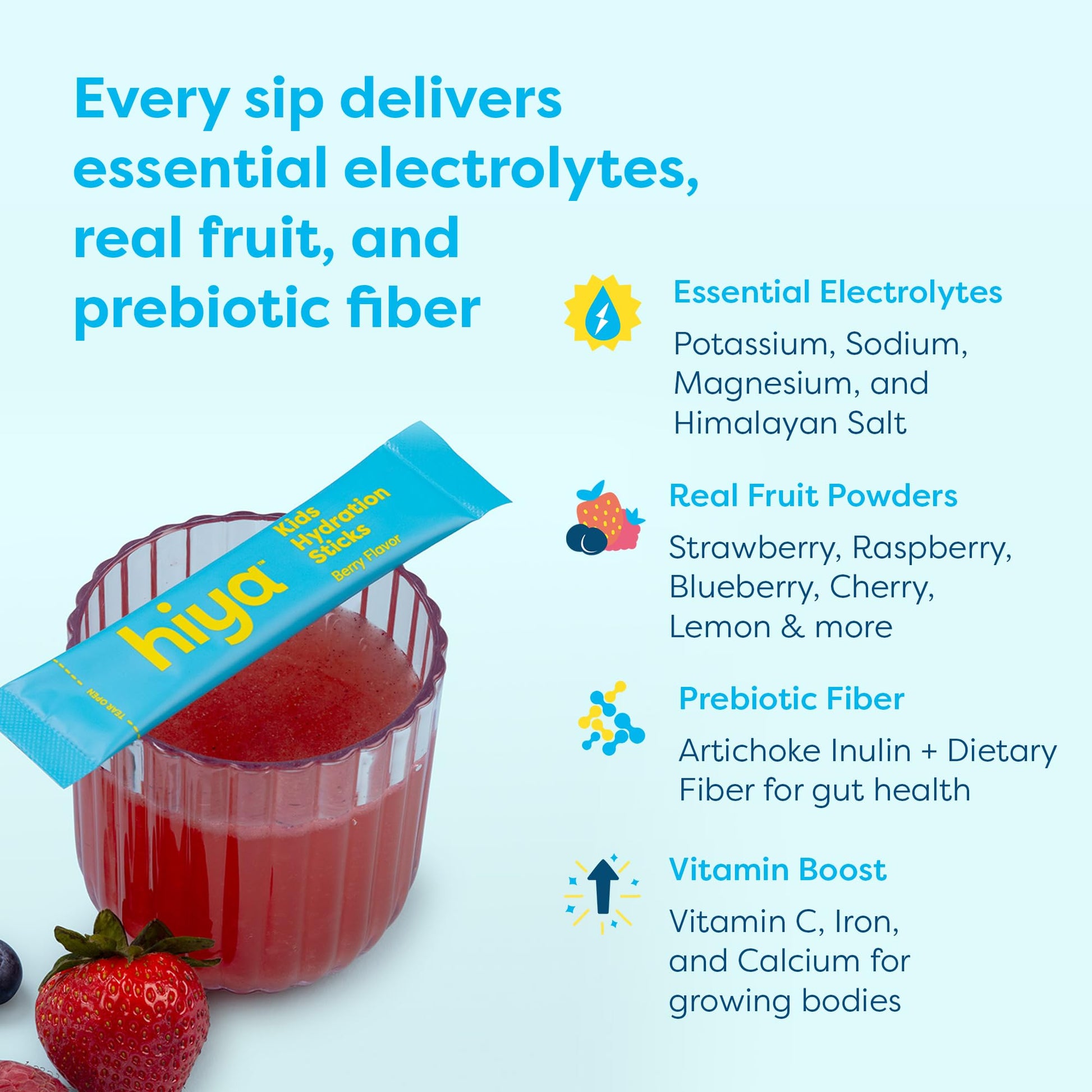 Hiya Kids Hydration with Electrolytes - Zero Added Sugar Berry Flavored Kids Hydration Packets - 15 Sticks - Travel-Friendly Drink Mix for Children Ages 2+ HIYABuy Supplements Australia