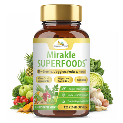 Organic Veda Mirakle Superfoods Greens Capsules - 30+ Daily Greens and Veggies Supplement with Moringa, Spirulina, Chlorella, Turmeric & Herbs, Antioxidants, Resveratrol, Probiotics - 120 Capsule Organic VedaBuy Supplements Australia