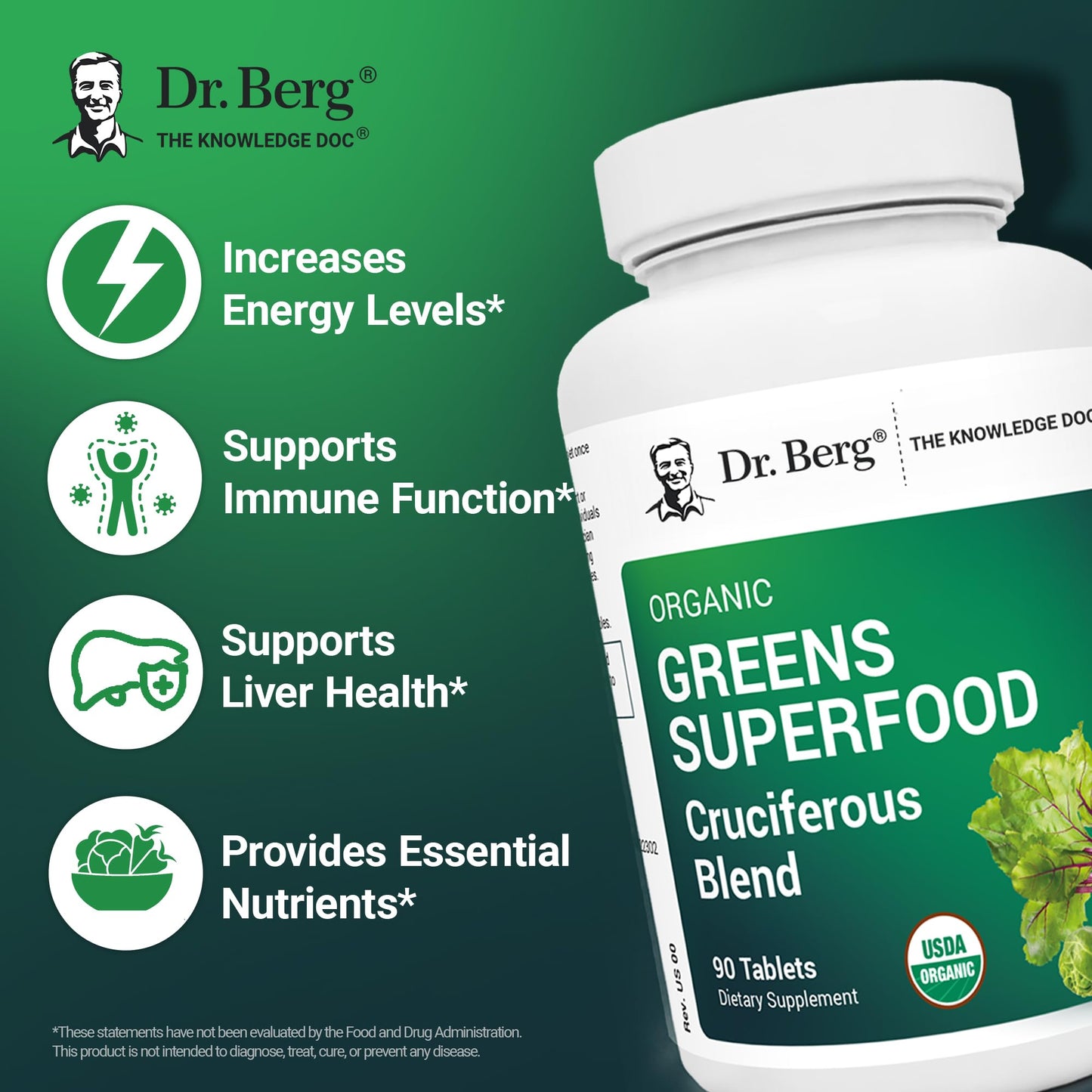 Dr. Berg's Greens Superfood Cruciferous Vegetable Tablets - Vegetable Supplements for Adults w/ 11 Phytonutrient Super Greens - Energy, Immune System & Liver Veggie Tablets - 90 Tablet Dr. Berg NutritionalsBuy Supplements Australia