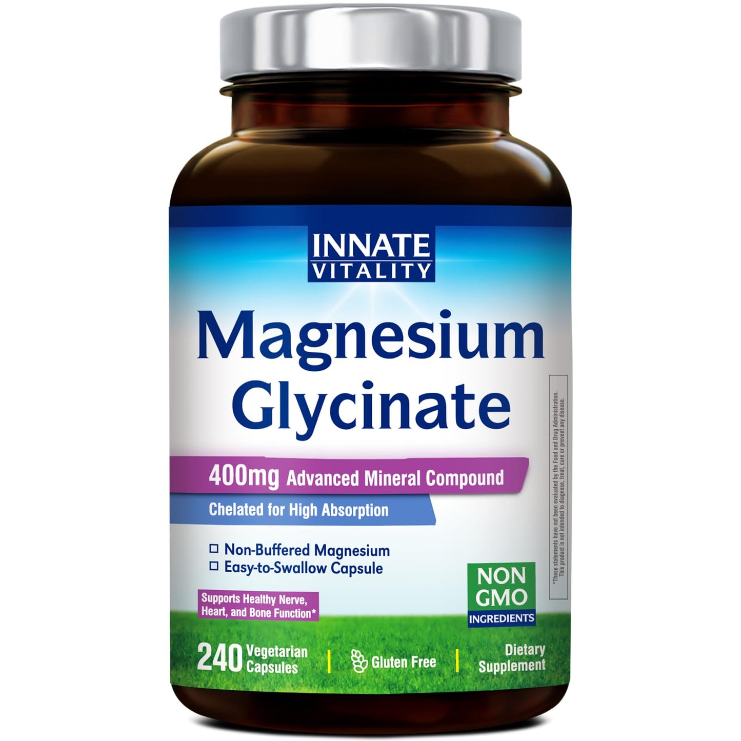 Innate Vitality Magnesium Glycinate 400mg, Non Buffered & High Absorption Magnesium Supplement for Sleep, Relaxation, Heart & Bone Health for Men & Women, Non-GMO, No Gluten, 240 Vegan Capsules Innate VitalityBuy Supplements Australia