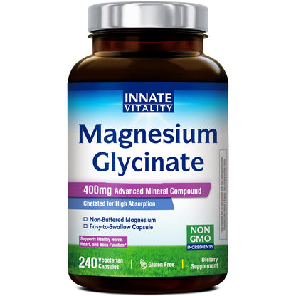 Innate Vitality Magnesium Glycinate 400mg, Non Buffered & High Absorption Magnesium Supplement for Sleep, Relaxation, Heart & Bone Health for Men & Women, Non-GMO, No Gluten, 240 Vegan Capsules Innate VitalityBuy Supplements Australia
