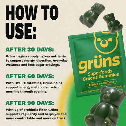 Gruns Adult Super Greens Multivitamin Gummies, Superfood Gummy Vitamins for Women and Men with Spirulina, Chlorella