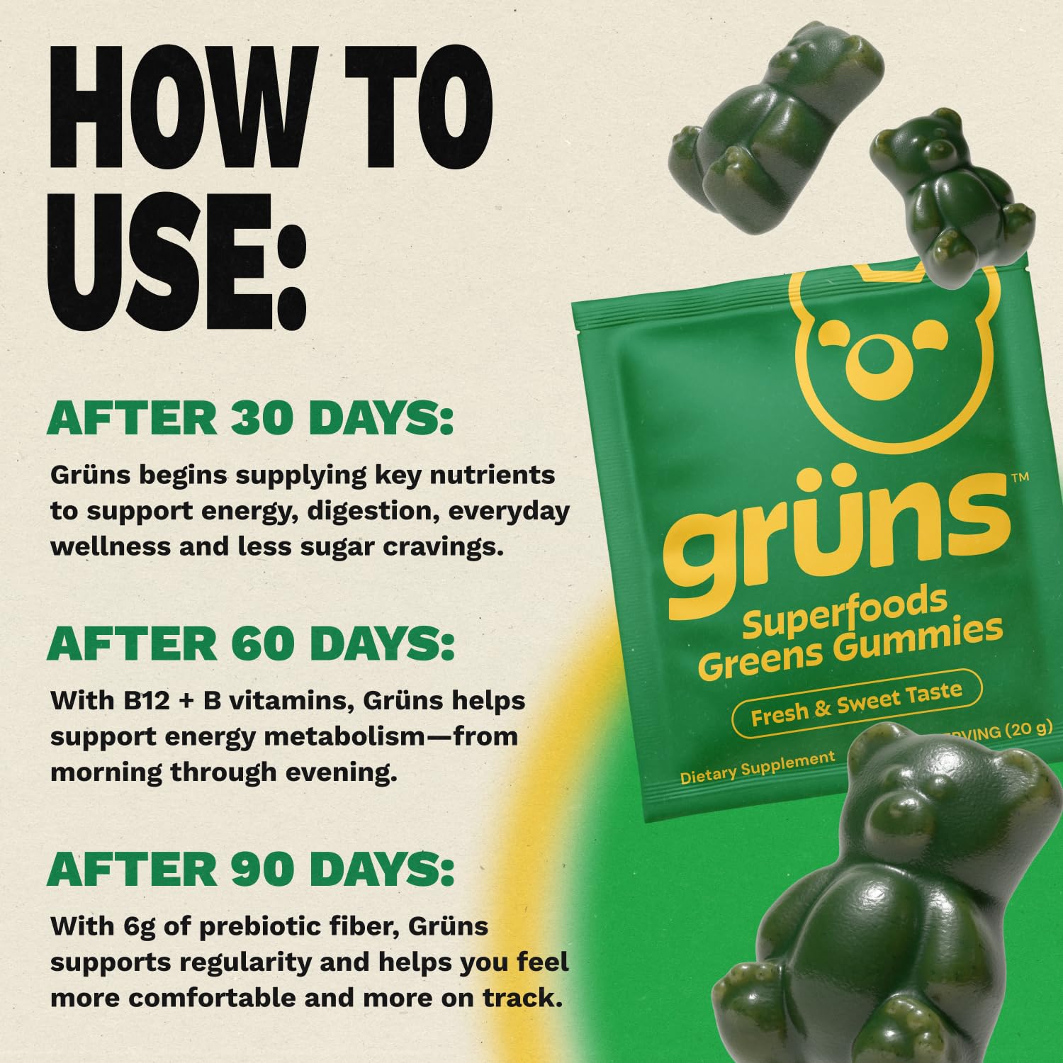 Gruns Sugar-Free Super Greens Gummies, Multivitamin Superfood Gummy Bears, Spirulina, Chlorella, Prebiotics & Fiber gummies for Digestive Health, Adaptogens Supplement, 20 Vitamins & Minerals, 10 pack GrünsBuy Supplements Australia