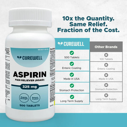CUREWELL Enteric Coated Aspirin Tablets 325mg (500 Count) NSAID Pain Reliever & Fever Reducer Coated Aspirin for Adults - Regular Strength for Headache Arthritis Menstrual & Muscle Pain CUREWELLBuy Supplements Australia