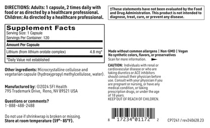 Klaire Labs SFI Health Lithium Orotate 4.8 mg - May Help Balance Mood - Bioavailable Lithium Orotate Supplement - Trace Minerals Promote Focus, Memory