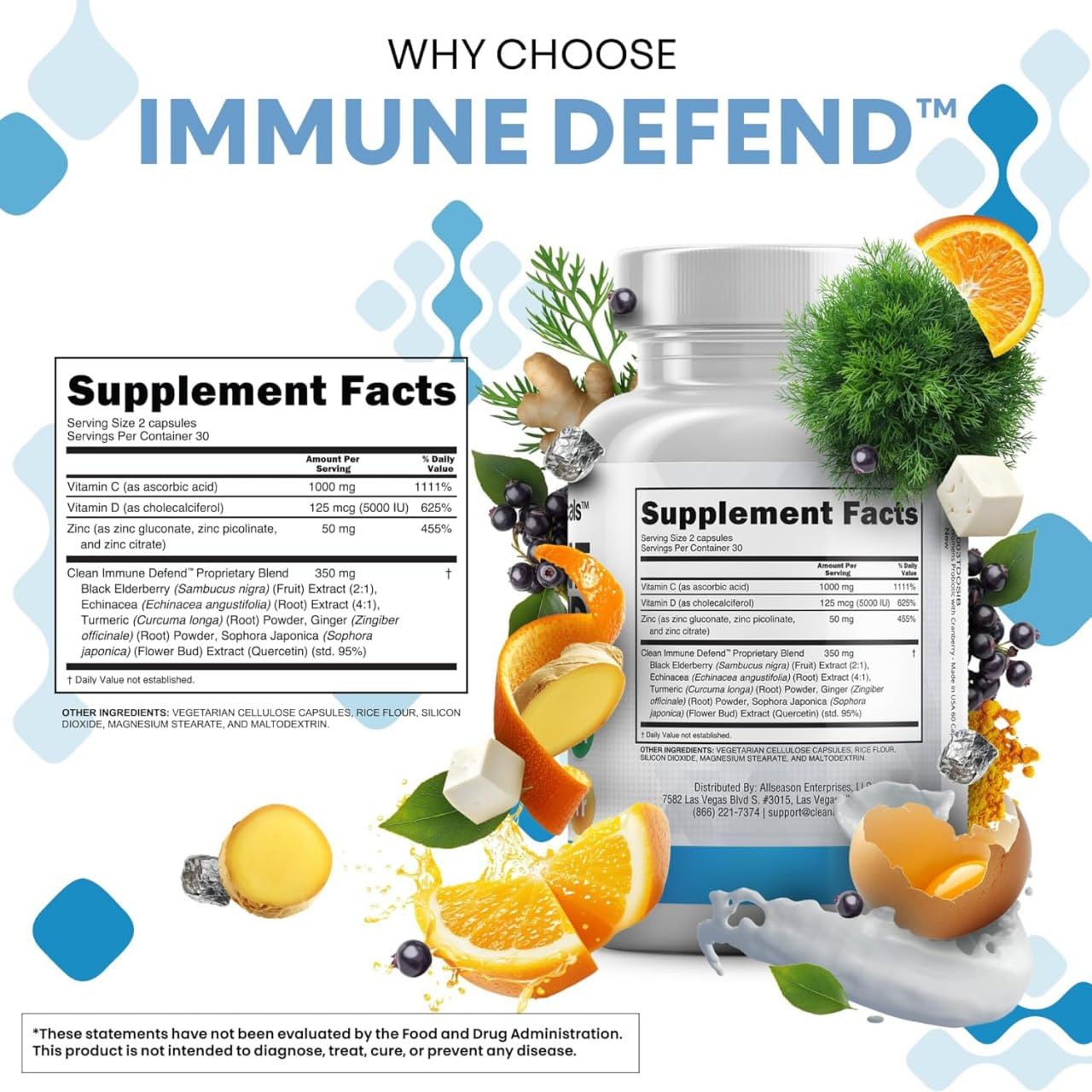 Clean Nutraceuticals Immune Defense Support Supplement 8 in 1 with Zinc 50mg Quercetin, VIT C 1000mg, Vitamin D3 5000 IU, Elderberry, Ginger
