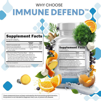 Clean Nutraceuticals Immune Defense Support Supplement 8 in 1 with Zinc 50mg Quercetin, VIT C 1000mg, Vitamin D3 5000 IU, Elderberry, Ginger