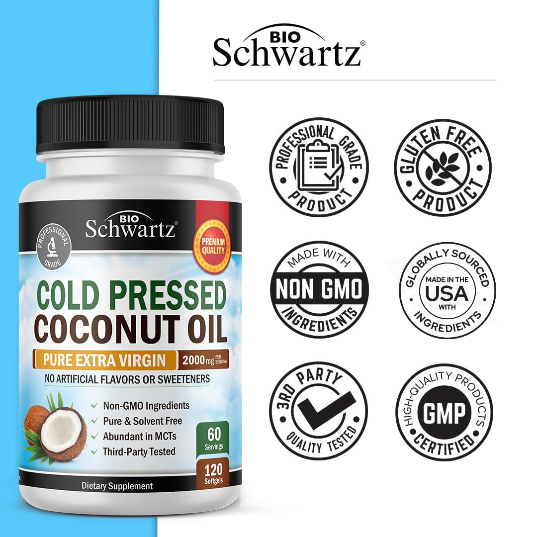 Coconut Oil Capsules 2000mg - Organic Pure Extra Virgin Unrefined Cold Pressed MCT BioSchwartzBuy Supplements Australia