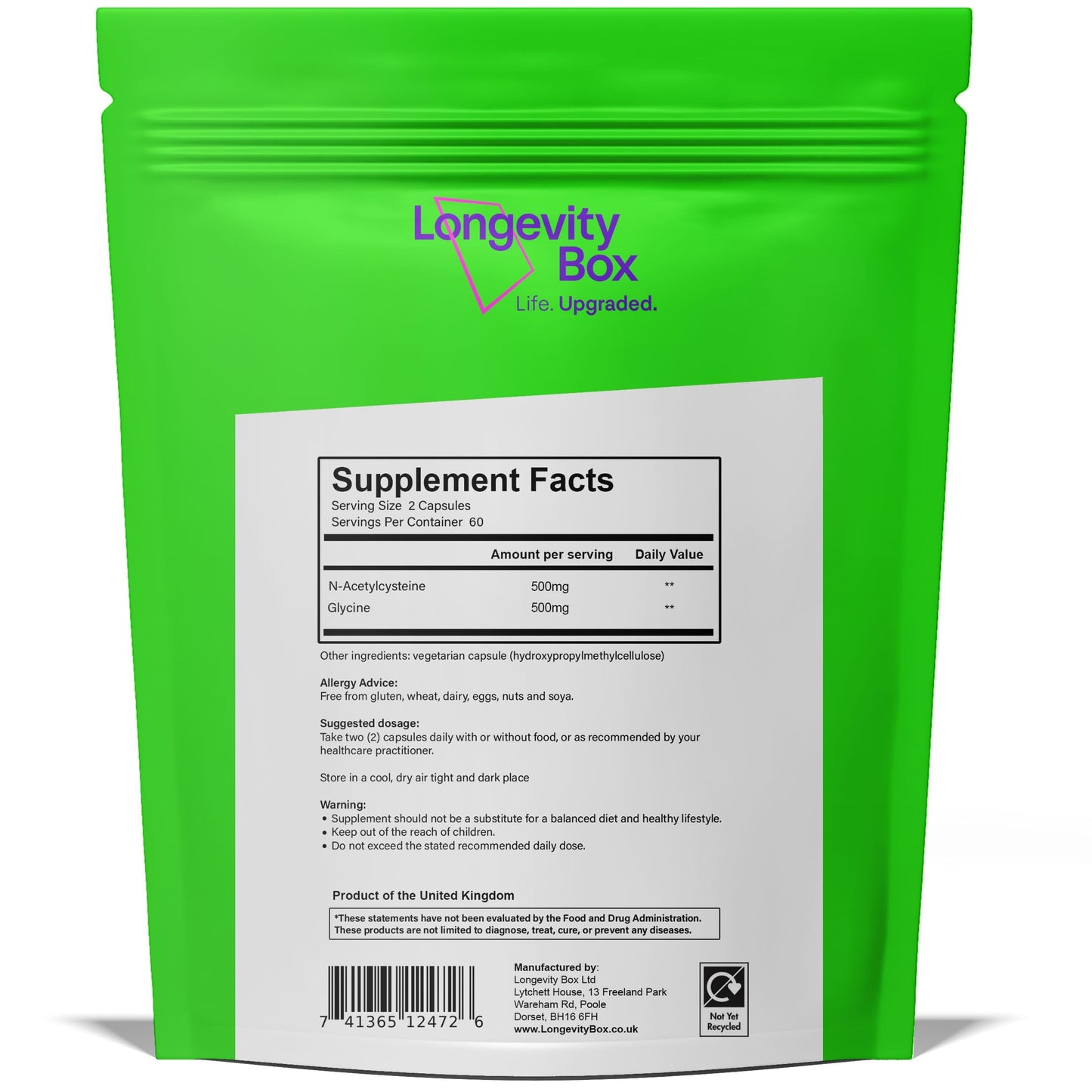 Longevity Box Ultra Pure GlyNAC Supplement 1000mg (500mg Glycine + 500mg N-Acetyl Cysteine) - Glutathione Precursor for Healthy Aging, Energy & Cellular Protection - 120 Vegan Capsules Longevity BoxBuy Supplements Australia
