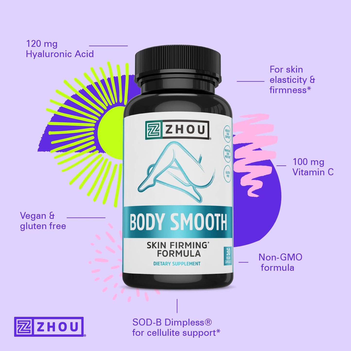 Zhou Body Smooth - Cellulite Pills for Women, Dimpless Anti Cellulite Supplement for Firm Smooth Skin with Hyaluronic Acid & Vitamin C, Skincare for Thigh, Legs, Butt, Supports Hydration - 30 Capsules ZHOUBuy Supplements Australia