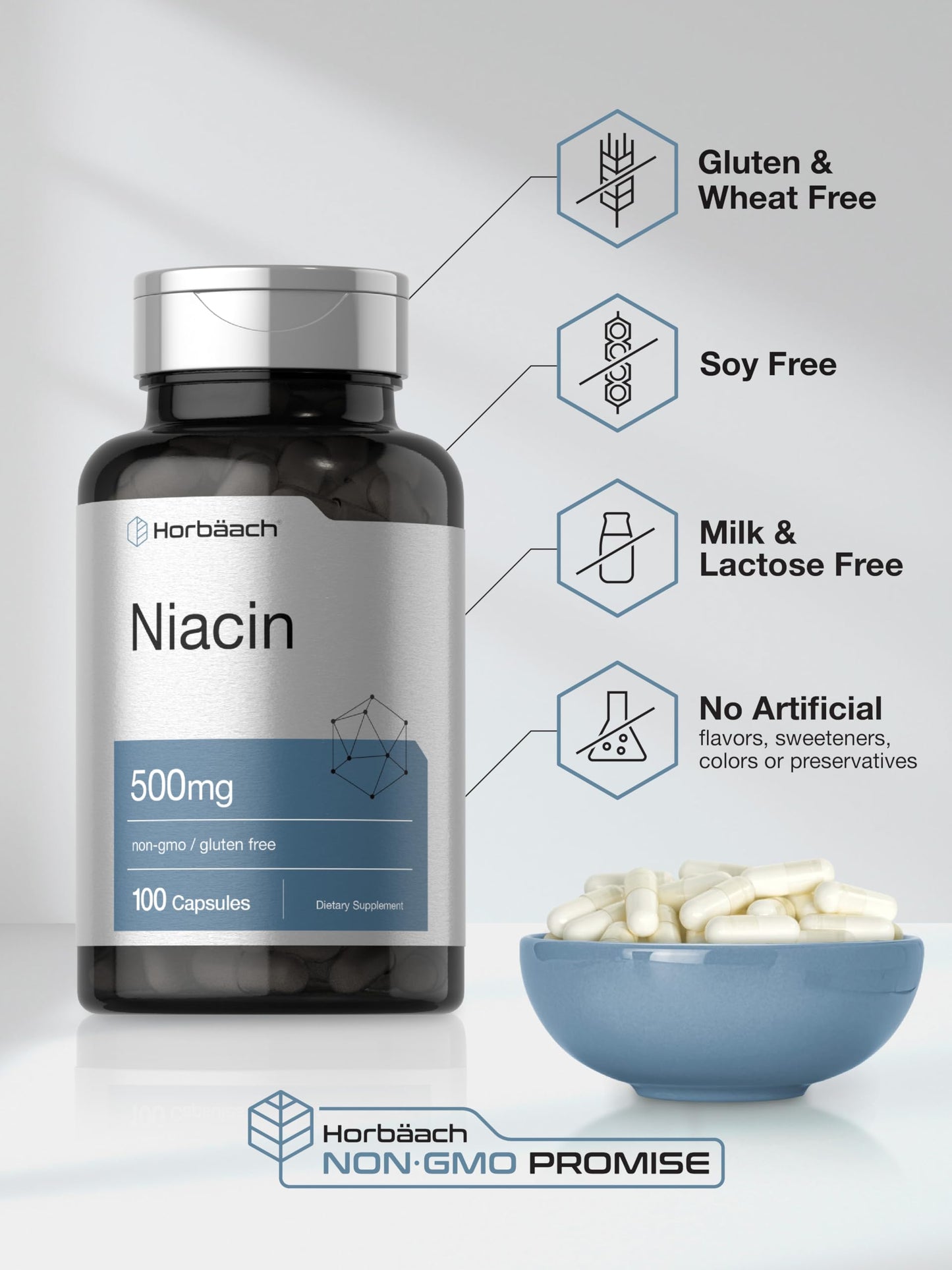 Niacin | Vitamin B3 500mg | 100 Capsules | with Flushing | Non-GMO, and Gluten Free HorbäachBuy Supplements Australia