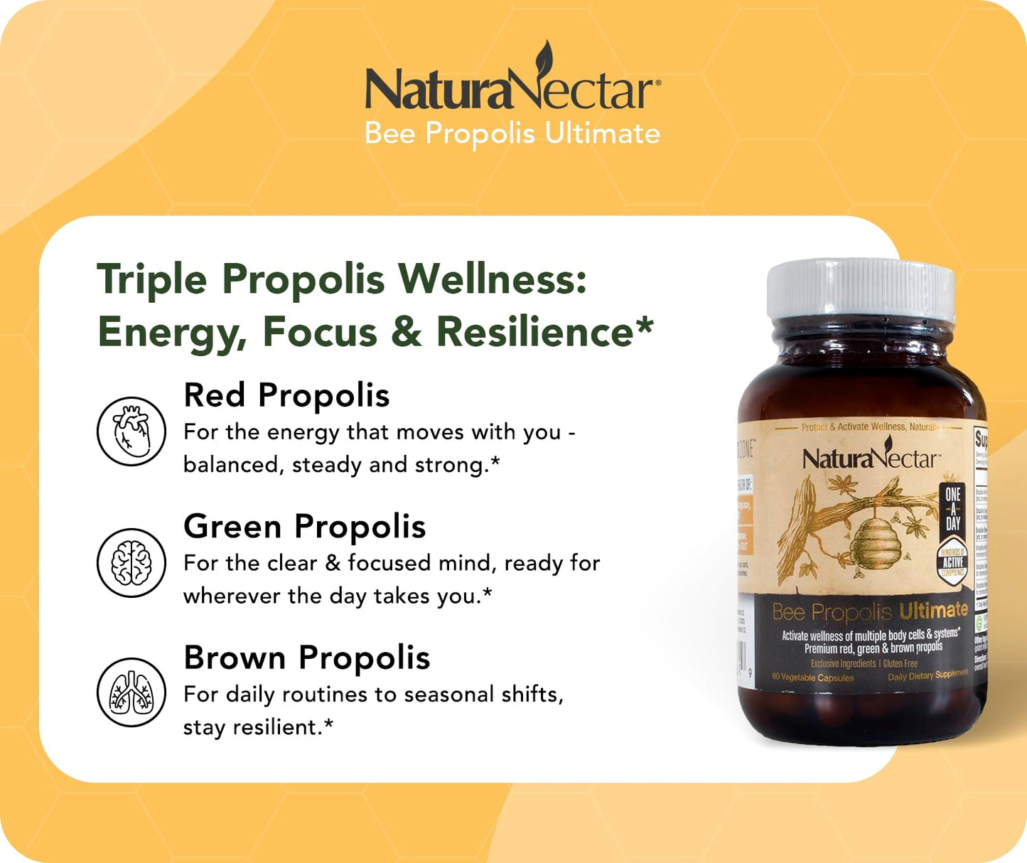 NaturaNectar - Ultimate Bee Propolis Capsules - NSF Contents Certified -Brazilian Red, Brown, & Green - Gluten-Free Supplement with Flavonoids - Naturally Sourced Through Ethical Beekeeping (60pcs.) NaturaNectarBuy Supplements Australia