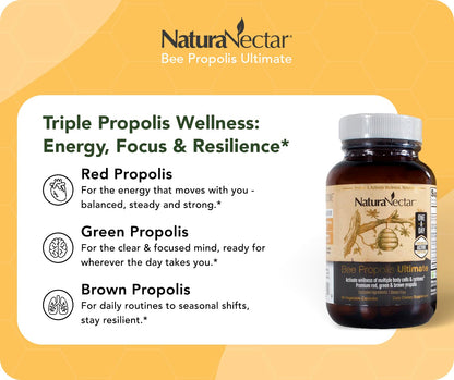 NaturaNectar - Ultimate Bee Propolis Capsules - NSF Contents Certified -Brazilian Red, Brown, & Green - Gluten-Free Supplement with Flavonoids - Naturally Sourced Through Ethical Beekeeping (60pcs.) NaturaNectarBuy Supplements Australia