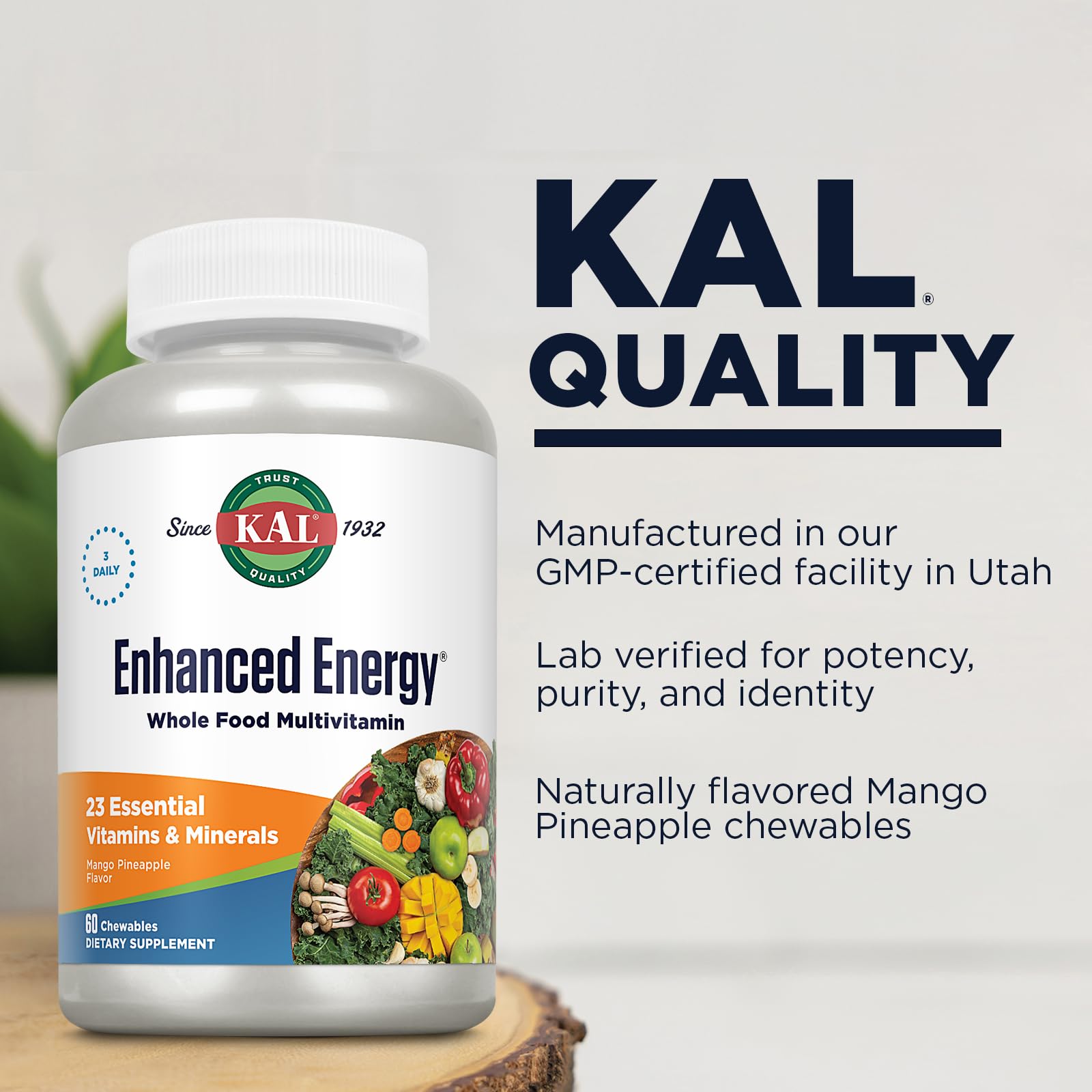 KAL Enhanced Energy Supplements, Whole Food Chewable Multivitamin with Iron, 3 Daily, 23 Essential Vitamins and Minerals, Super Foods, Enzymes, Mango Pineapple Flavor, 60-Day Guarantee, 20 Serv, 60ct KALBuy Supplements Australia