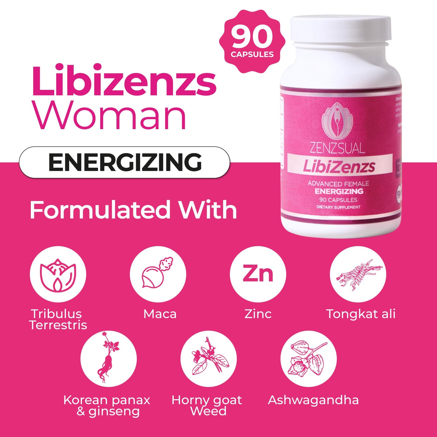 ZENZSUAL Libizenzs – Plant-Based Energy Support Supplement for Women – Caffeine-Free with Maca Root, Ashwagandha & Ginseng – Supports Daily Stamina, Focus & Well-Being – 90 Vegan Capsules ZENZSUALBuy Supplements Australia