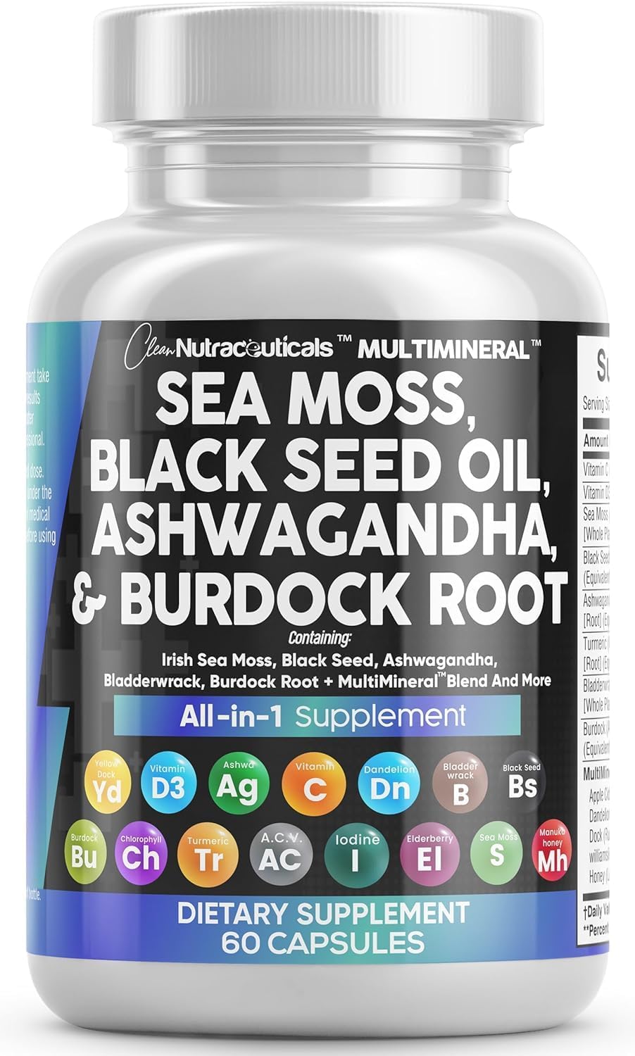 Clean Nutraceuticals Sea Moss Black Seed Oil Ashwagandha Turmeric Bladderwrack Burdock & Vitamin C Vitamin D3 with Elderberry