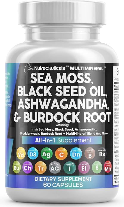 Clean Nutraceuticals Sea Moss Black Seed Oil Ashwagandha Turmeric Bladderwrack Burdock & Vitamin C Vitamin D3 with Elderberry