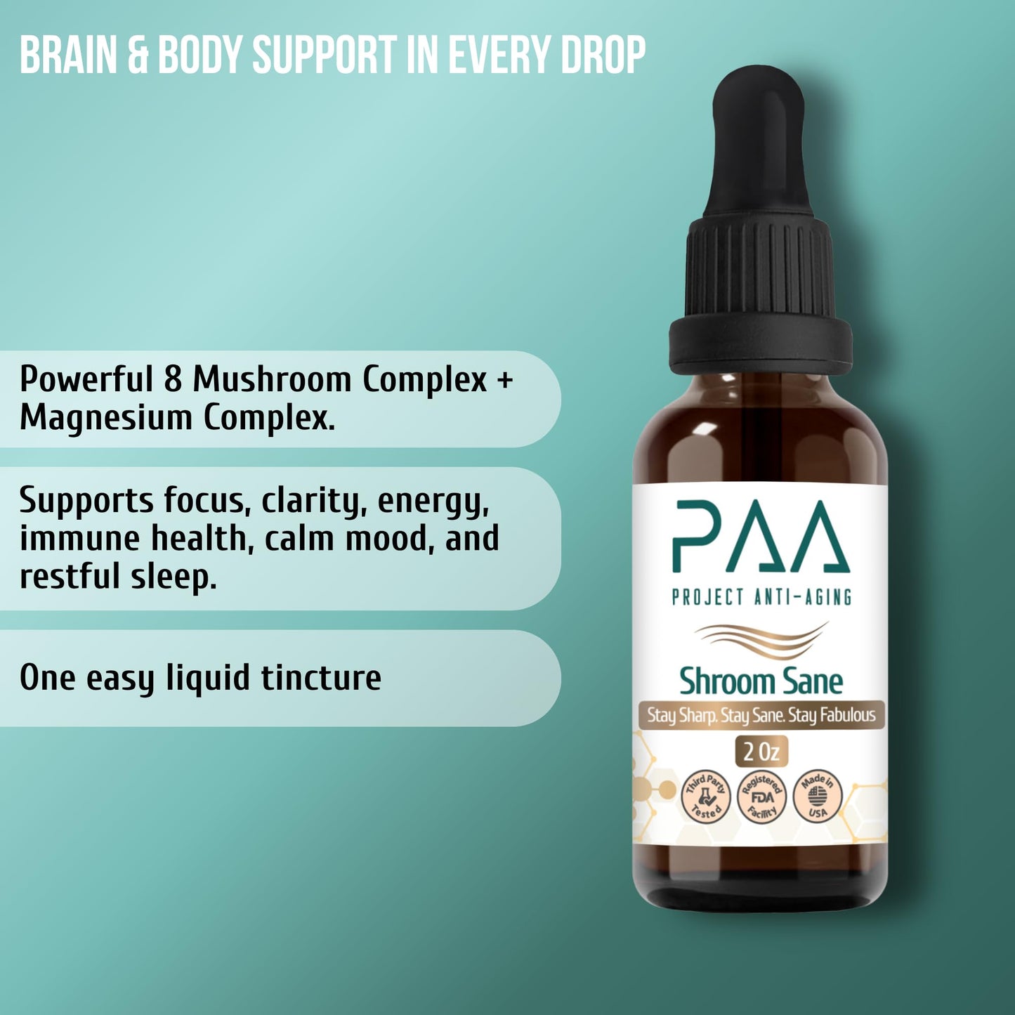 Project Anti-Aging Shroom Sane Liquid Drops with Lion’s Mane Mushroom Supplement Drops – 8 Mushroom Complex Tincture with Reishi, Cordyceps, Turkey Tail & Magnesium – USDA Organic, Vegan, Project Anti-AgingBuy Supplements Australia