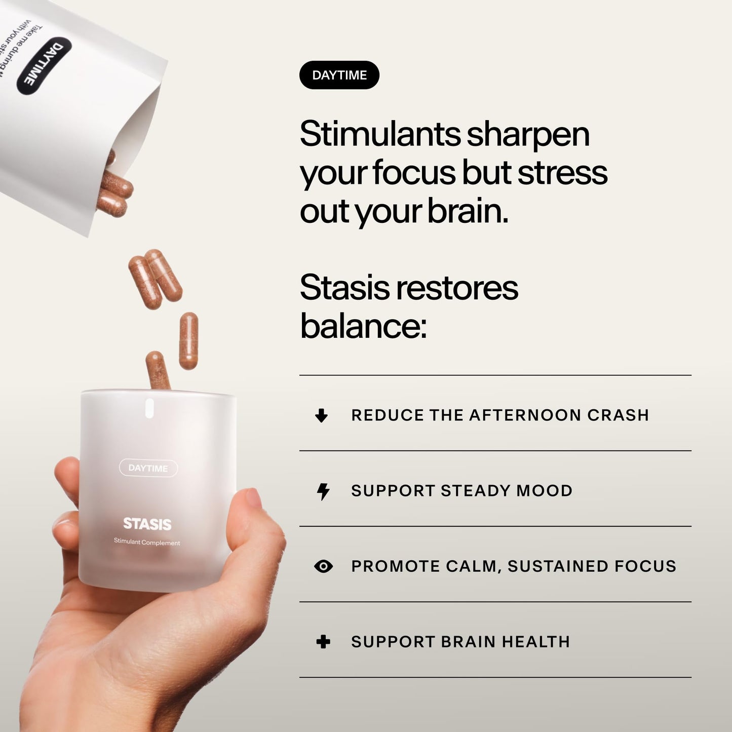 Stasis Daytime Energy & Focus Supplement for Men & Women with Vitamin D3, L Theanine, Ashwagandha & CoQ10, Cognitive Support Capsules for Morning Routines, Vegan,