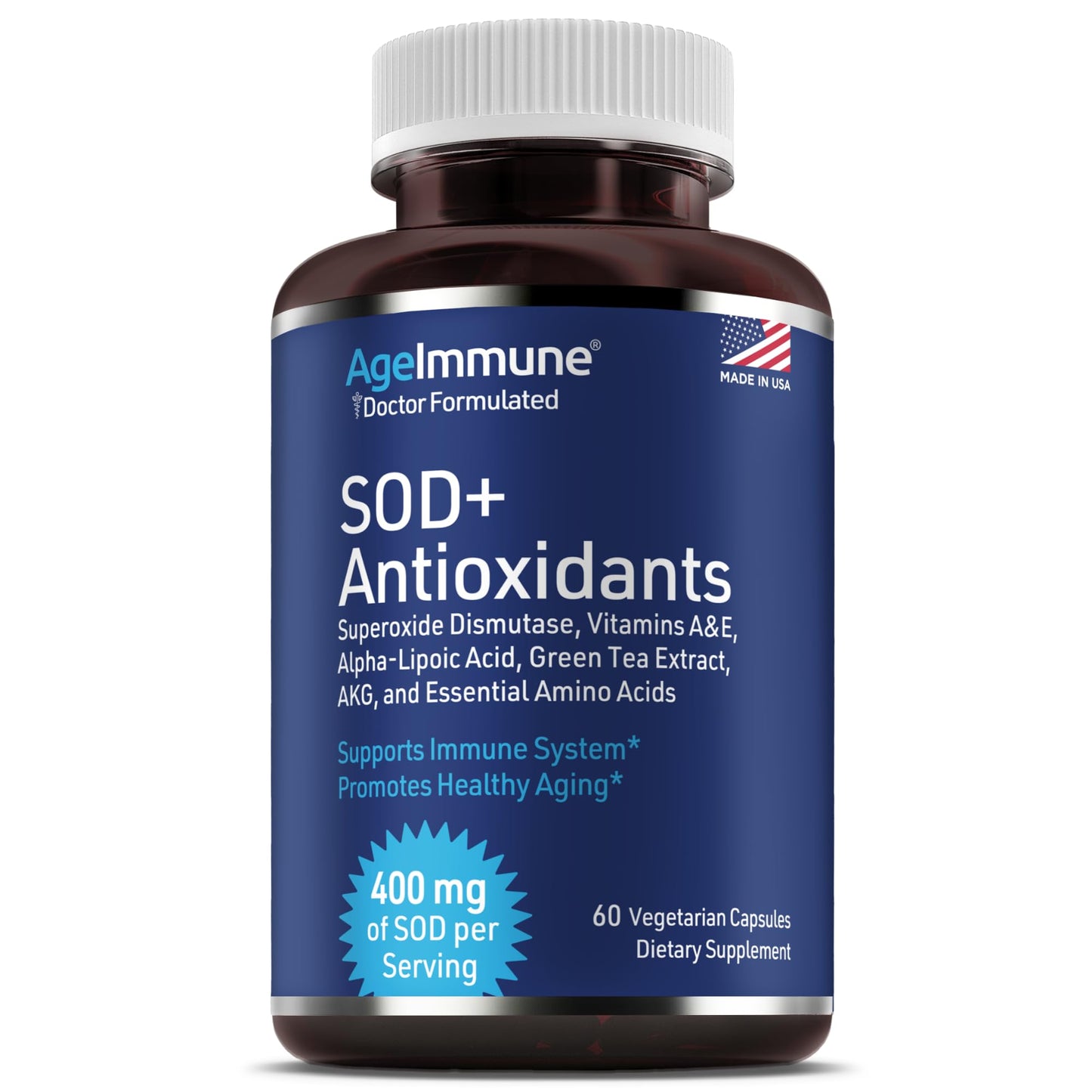 SOD Antioxidants Complex Healthy Aging Supplement - 400mg of Superoxide Dismutase - Alpha Lipoic Acid - L-Arginine -Lysine - AKG - Vitamin A - Vitamin E for Immune Support-60 Capsules AgeImmuneBuy Supplements Australia