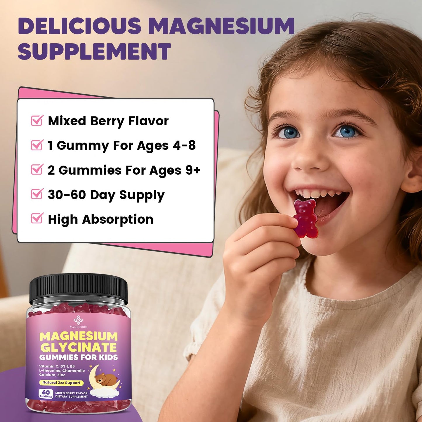YANLUOBO Kids Magnesium Gummies, Magnesium Glycinate Gummies 400mg/200mg with L-Theanine, Chamomile, Vitamin B6, D3 for Kids, Relaxation & Zzz Support,