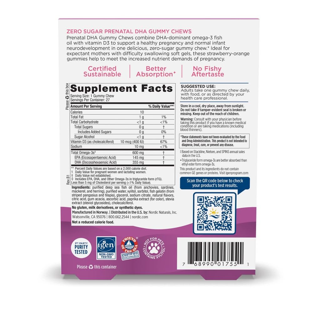 Nordic Naturals Zero Sugar DHA Prenatal Vitamin Gummies, Strawberry Orange Flavor - 27 Gummies - Supplements for Pregnancy - 600 mg Omega-3 Fish Oil and 400 IU Vitamin D3-27 Servings Nordic NaturalsBuy Supplements Australia