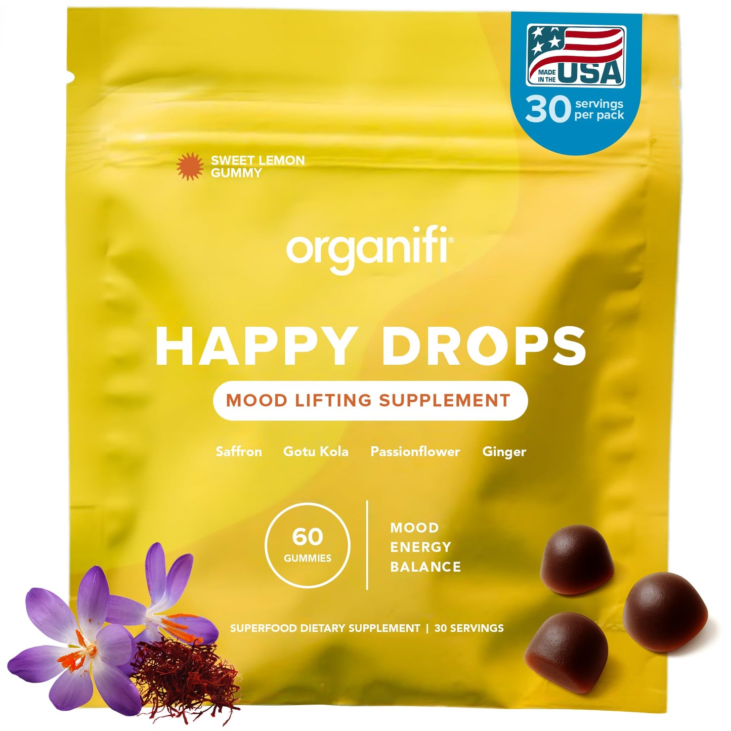 Organifi Happy Drops - Daily Superfood Happy Gummies for Adults - Mood Support Supplement for Balance, Bliss, Energy and Taking the Edge Off - Sweet Lemon Flavor - 60 Gummies OrganifiBuy Supplements Australia