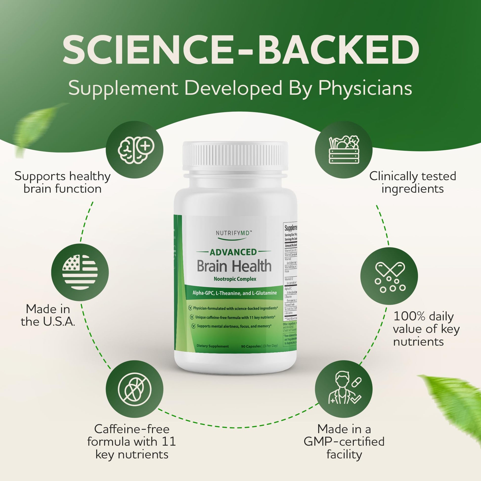 Advanced Brain Health Supplement with Alpha GPC, L-Theanine, L-Glutamine for Memory and Focus - 90 Capsules NutrifyMDBuy Supplements Australia