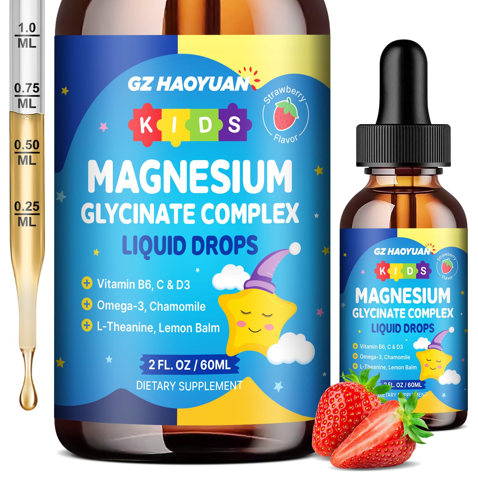 Kids Magnesium Glycinate Liquid Drops‌ – with L-Theanine, Omega-3, Vitamins B6 & D3, Zinc & Calcium – for Sleep Support, Relaxation, Focus & Brain, Bones – Strawberry Flavor, 2 Fl Oz GZ HAOYUANBuy Supplements Australia