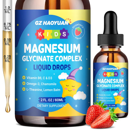 Kids Magnesium Glycinate Liquid Drops‌ – with L-Theanine, Omega-3, Vitamins B6 & D3, Zinc & Calcium – for Sleep Support, Relaxation, Focus & Brain, Bones – Strawberry Flavor, 2 Fl Oz GZ HAOYUANBuy Supplements Australia