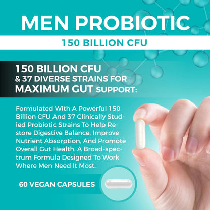8-in-1 Bio Cultures Complex for Men – 150 Billion CFU Probiotics with 37 Diverse Strains, Organic Prebiotics, Postbiotics & Digestive Enzymes – Supports Digestive Balance & Gut Microbiome - Maple Wellness Supplements