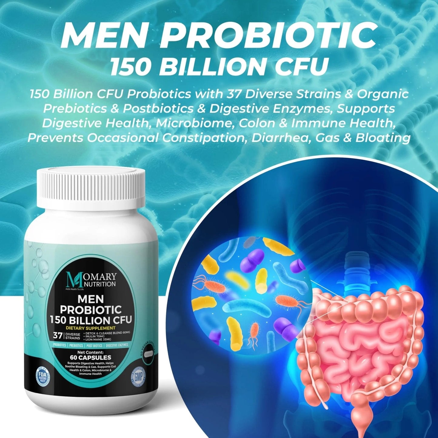 8-in-1 Bio Cultures Complex for Men – 150 Billion CFU Probiotics with 37 Diverse Strains, Organic Prebiotics, Postbiotics & Digestive Enzymes – Supports Digestive Balance & Gut Microbiome - Maple Wellness Supplements