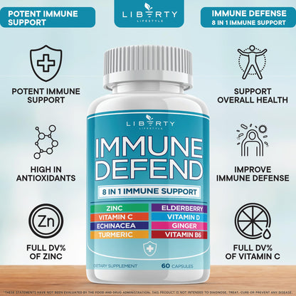 8 in 1 Immune Defense Support, Immunity Vitamins Supplement Booster Zinc 50mg, Vitamin C Elderberry VIT D3 5000 IU, Turmeric Curcumin & Ginger - Maple Wellness Supplements