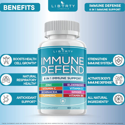 8 in 1 Immune Defense Support, Immunity Vitamins Supplement Booster Zinc 50mg, Vitamin C Elderberry VIT D3 5000 IU, Turmeric Curcumin & Ginger - Maple Wellness Supplements