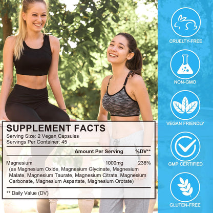 8-in-1 Magnesium Complex 90 Capsules, 1000mg with Magnesium Glycinate, Citrate, Malate, Taurate, Easy Absorption for Health, Energy, Non-GMO, Vegan - Maple Wellness Supplements