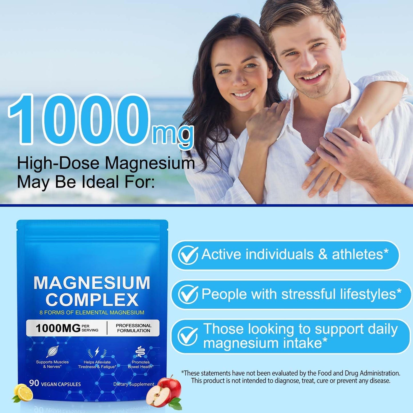8-in-1 Magnesium Complex 90 Capsules, 1000mg with Magnesium Glycinate, Citrate, Malate, Taurate, Easy Absorption for Health, Energy, Non-GMO, Vegan - Maple Wellness Supplements